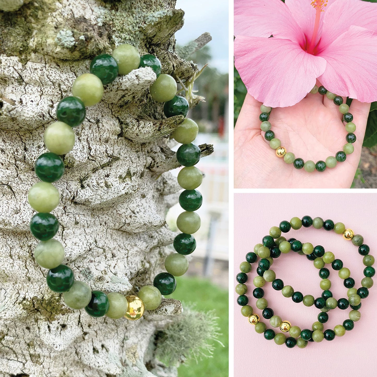 Joyfulmuze Natural Jade Serpentinite Stretch Bracelets, Premium Handmade Crystal Healing, Gemstone Beaded Gift For Men Women, Dark and Olive Green(Jade 17cm long)