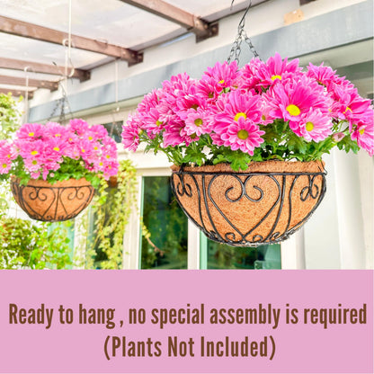 LaLaGreen Hanging Baskets for Plants (10 Inch, 2 Pack) Small Hanging Flower Pots with Coco Liner, Black Metal Wire Round Plant Holder with Hanger Hook Chain Outdoor Deck Patio Balcony Garden Decor