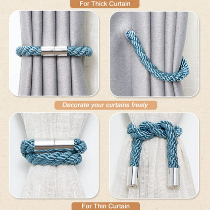 NICEEC 2 Pack Strong Magnetic Curtain Tiebacks Modern Simple Style Drape Tie Backs Convenient Decorative Weave Rope Curtain Holdbacks for Thin or Thick Home & Office Window Draperies (Teal)