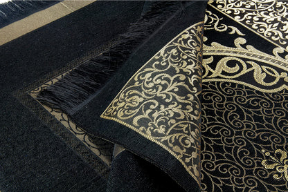 ihvan online Muslim Prayer Rug and Prayer Beads with Elegant Design Cylinder Gift Box, Janamaz, Soft Sajadah, Islamic Gifts Set, Portable Prayers Carpet Mat, Taffeta Fabric, Black