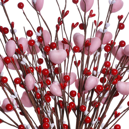 J'FLORU Valentine’s Day Decorations 6 Pack Valentines Day Picks Berry Stems with Pink Hearts for Valentine Decor Anniversary Wedding Decorations (Red/Pink)