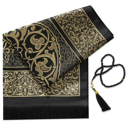 SUMELA Muslim Prayer Rug with Islam Prayer Beads - Travel Prayer Mat, Islamic Gifts for Women, Portable Prayer Matt Islam, Islamic Prayer Rug Islam Men Women, Praying Mat for Muslim Gifts, Black