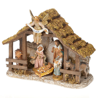 Fontanini by Roman 5" Scale Nativity Set, 7-Piece Holy Family Scene with Shepherd and Animals, Resin Stable with Angel, Classic Christmas Decoration