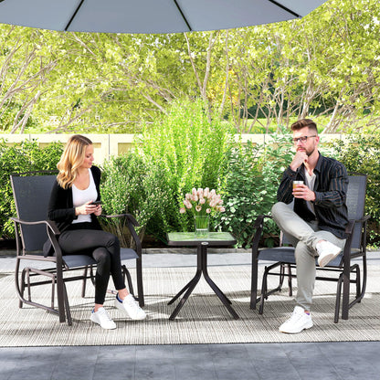 Outsunny 3 Piece Outdoor Glider Chair with Coffee Table Bistro Set, 2 Patio Rocking Swing Chairs with Breathable Sling Fabric, Glass Tabletop, for Backyard, Garden and Porch, Gray