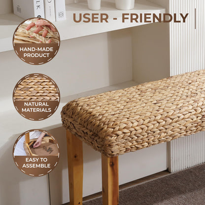 Solid Wood Acacia Indoor Bench with Natural Woven Seat, 47 Inch Wood Bench for Living Room or Entryway Benc, Bedroom End of Bed Bench or Dining Benches, Window Bench (Fishbone, Water Hyacinth)