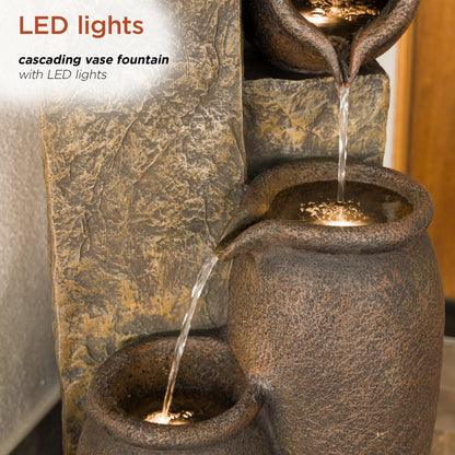 Alpine Corporation GIL140 43" Tall Indoor Outdoor Pottery Fountain with Replaceable LED Lights, Water Feature for Garden, Patio, and Home Decor, Brown