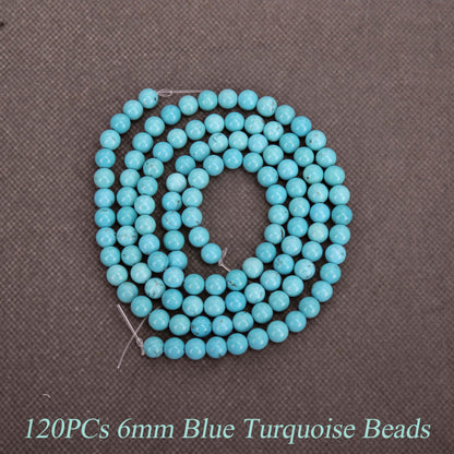 Aurehen Natural Gemstone Beads with Thread Needle Card as Complete Jewelry Making Kit, 120PCS 6mm Genuine Round Loose Energy Stone Spacer Beads, Smooth Healing Crystals for DIY Crafts (Blue Turquoise)