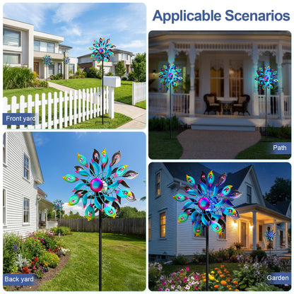 360°Peacock Solar Wind Spinner with Lights Blue Metal Garden Outdoor Decor Yard Lawn Art Decor for Patio Kinetic Windmills Unique Gifts for Friends and Family 51.9' H x 12.2'' Dia