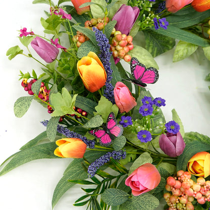 WreathDream 22 inch Spring Summer Wreath Tulip Wreath for Front Door with Purple Tassels, Eucalyptus Leaves, Ferns, Butterflies for Indoor Outdoor wall Festival Home Farmhouse Wedding Decor