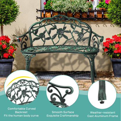 Outvita Outdoor Bench, 38"" Cast Aluminum Garden Bench Anti-Rust Weather Resistant Patio Bench Rose Pattern Bench for Front Porch, Backyard, Lawn, 1, Green