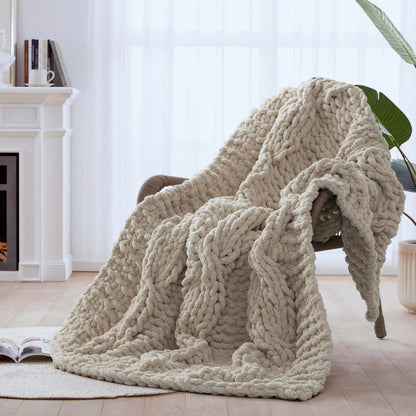 CLOUDS HUG Chunky Knit Blanket Throw - 100% Hand Knitted Thick and Warm Throw for Winter, Linen, 50x60 Inches, Crochet