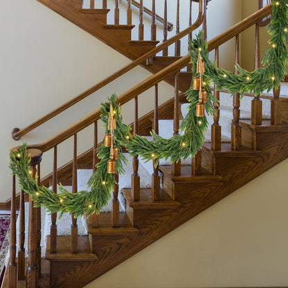 Fovths 9 Ft Christmas Garlands with Lights and Bells Real Touch Norfork Pine Garland Artificial Greenery Garlands for Christmas Mantle, Table Indoor Outdoor Decorations, Green