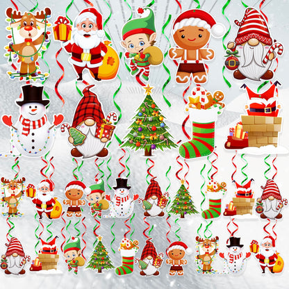 Hanging Christmas Decorations with Foil Swirls | 30 Pcs Holiday Set | Xmas Santa, Snowman, Gingerbread, Reindeer, Gnomes Christmas Designs | Home, Office, School Christmas Party Decorations | BASHOUT