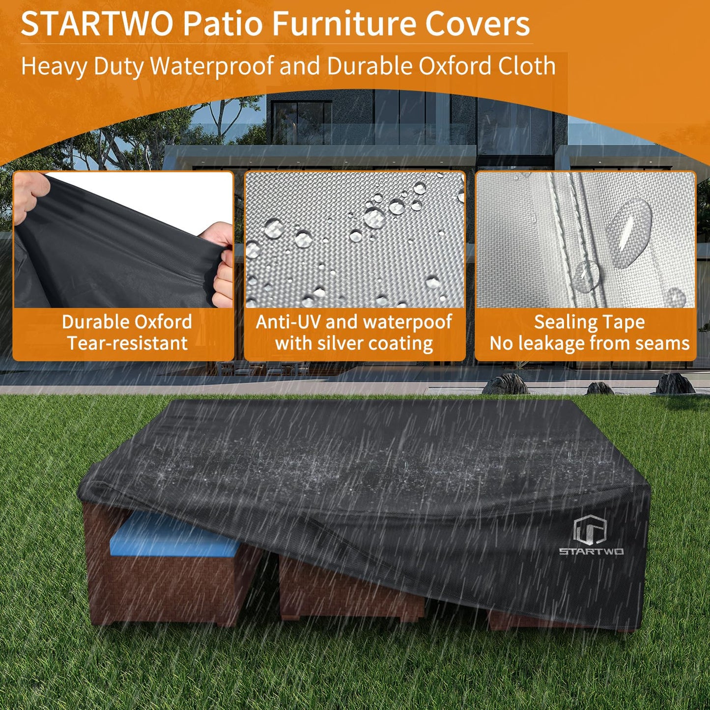 STARTWO Patio Furniture Covers Waterproof, Outdoor Furniture Set Cover for 7-12 Seats Sectional Sofa Table Chairs Anti-UV Tear-Resistant 500D Heavy Duty,110"x84"x28", Black