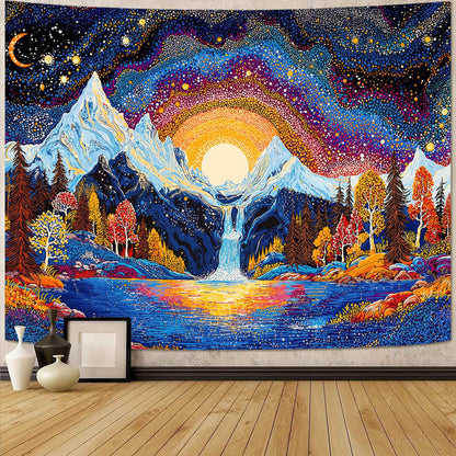 Lunerfex Starry Mountain Waterfall Sunrise Wall Tapestry, Trippy Cosmic Landscape Tapestries for Room Decor, Vibrant Tapestry 60x44 Inch