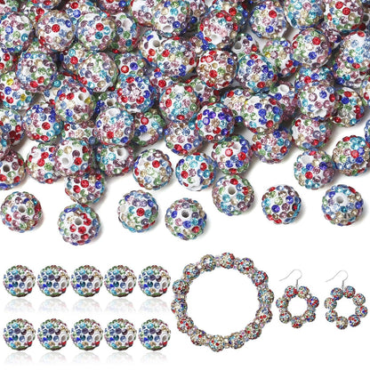 LAIDANLA 120pcs 10mm White Mixed Rhinestone Beads Baseball Beads for Crafting, Shiny Round Shamballa Disco Beads, Sparkle Crystal Clay Bead Bulk for Bracelet Necklace Making