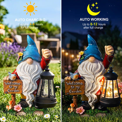 ZQQLITE Garden Gnome Statues Figurine Lights - Solar Powered Lighting Outdoor Decorations with Lantern & Welcome Sign, Yard Art Lawn Ornaments for Porch Patio Balcony - Gnome Gifts for Women Mom