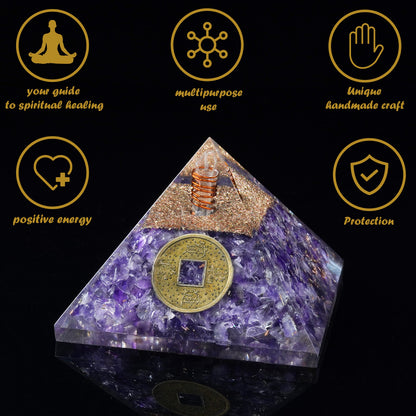 "55mm orgone pyramid Amethyst protection crystals reiki supplies healing stones, organite pyramid for good luck gift for women men gemstone crystal chakra charm orgone generator orgonite collection"