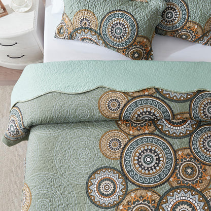 LEAONME 3-Piece Full Queen Size Olive Green Quilt Set Lightweight Oversized Bedspread 90''x98'' Soft Microfiber Floral Coverlet Luxurious Warm Bed Cover for All Seasons (1 Quilt, 2 Pillow Shams)