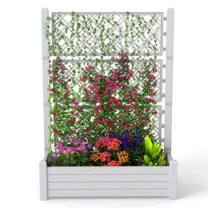 EasyUp Raised Garden Bed with Trellis for Climbing Plants, Outdoor Herb Planter Box with Drainage Plug & Water Gauge, Durable Resin for Patio, Balcony, Yard, Dust-Proof Garden Planter