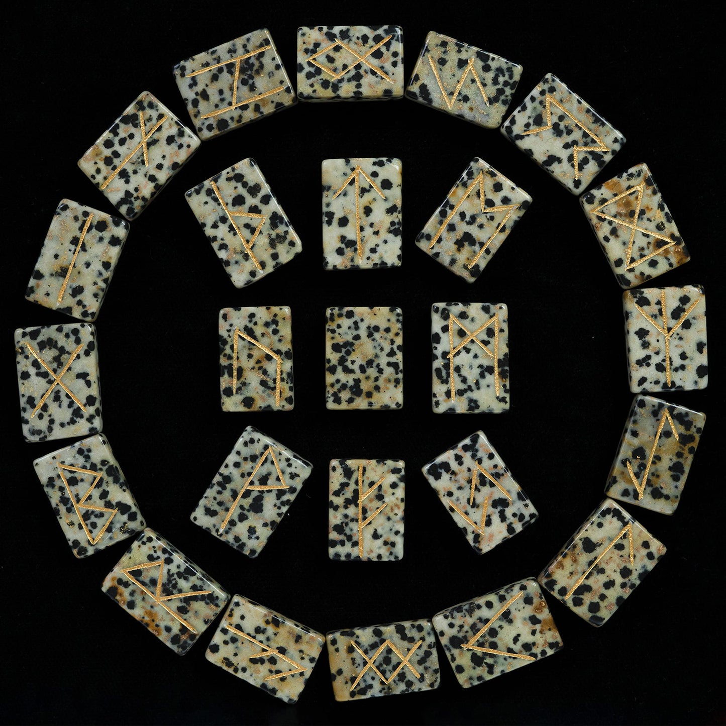 Crocon Dalmatian Jasper Rectangle Shape Gemstone Runes with Elder Futhark Alphabet Engraved 25 pcs Rune Set Crystal Divination Metaphysical Healing Chakra Reiki Runes Set with a Pouch Size : 20-25mm