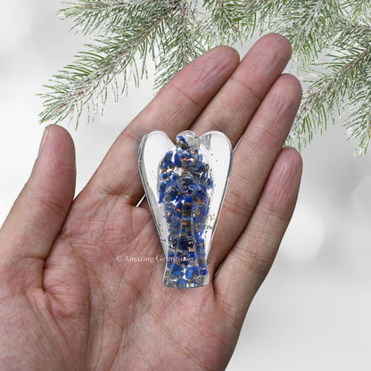 Amazing Gemstone Lapis Lazuli Guardian Angel Figurine Pocket Crystal Angel for Protection - Orgone Guardian Angel with Orgonite Layer and Natural Crystal for Healing Gift (2 Inch, Organite)