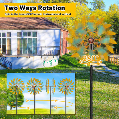 Metal Wind Spinners Outdoor, Kinetic Garden Wndmills,Yard Art Windmill with Metal Stake,Vintage Wind Sculptures & Spinners,Waterproof Pinwheels Large Wind Mill for Patio Lawn Yard Garden (Yellow+Blue)
