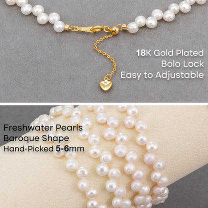 Pearl Bracelets for Women Charm Dainty Freshwater Baroque Pearls Strand Bracelets with Adjustable 18K Gold Plated Link Trendy Jewelry Gifts for Women(Side-Drilled, 5-6mm, 18K GP Bolo Lock)