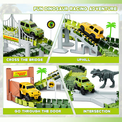Dinosaur Tracks, 271 PCS Create A Dinosaur World Road Race for Kids Boys Toys Flexible Train Tracks Set with 2 Cool Race Cars and 2 Dinosaur Toys for Age 3 4 5 6 7 8 Year & Up Old Boy Girls Best Gift