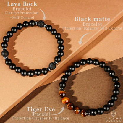 Tiger Eye Crystal Bracelet Handmade 8mm Beads Black Matte Chakra Healing Crystal Bracelets Combo Pack of 2, Gifts for Women and Men, Brings Positivity, Success and Good Luck, Birthday Gift for Dad