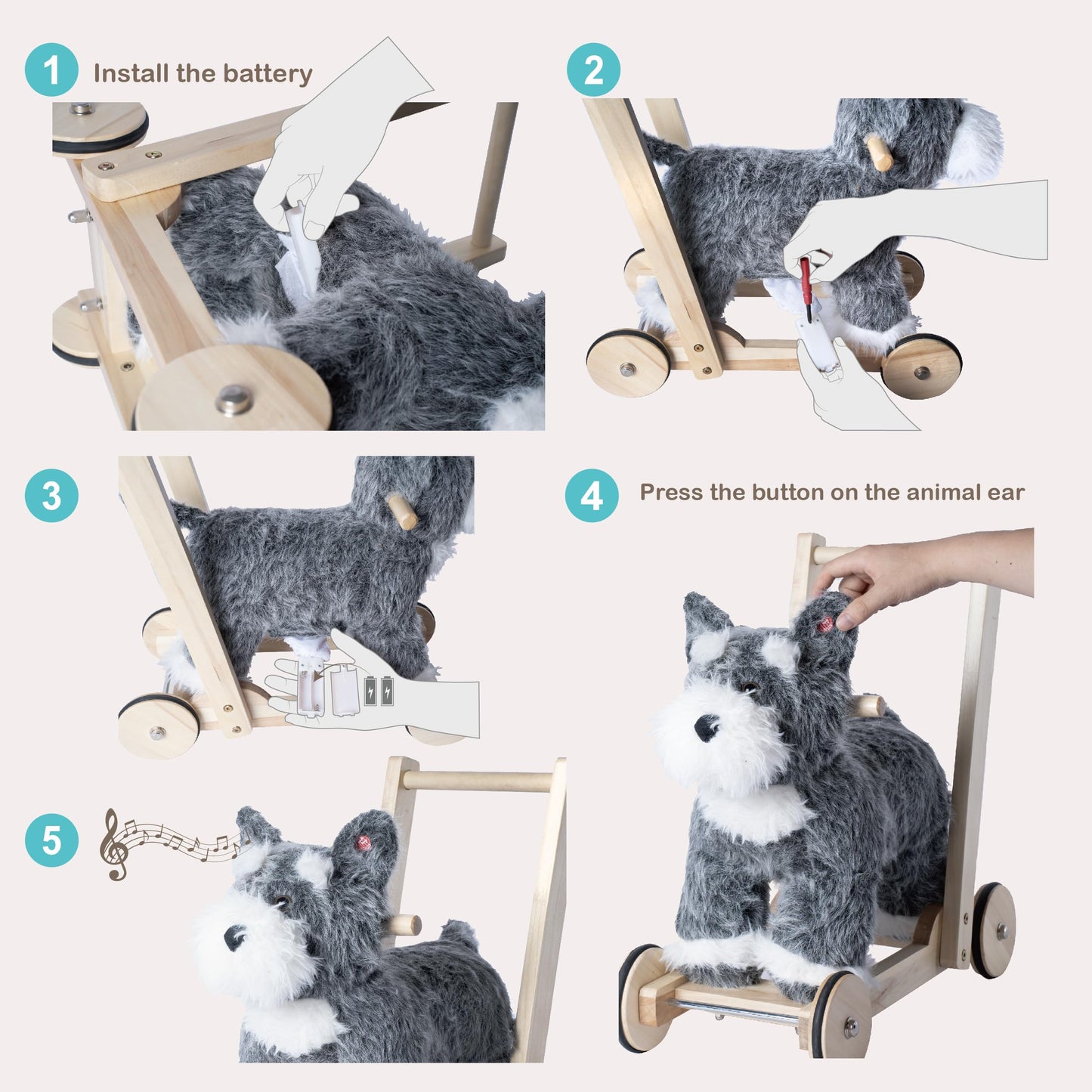 Rock My Baby Wooden Baby Walker, 2-in-1 Baby Push Walker & Ride On Toy for Toddlers 12M+, Learning to Walk Toy with Sweet Music, Soft Cuddly Dog Toy for Boys Girls (Schnauzer Dog) CPC Certified