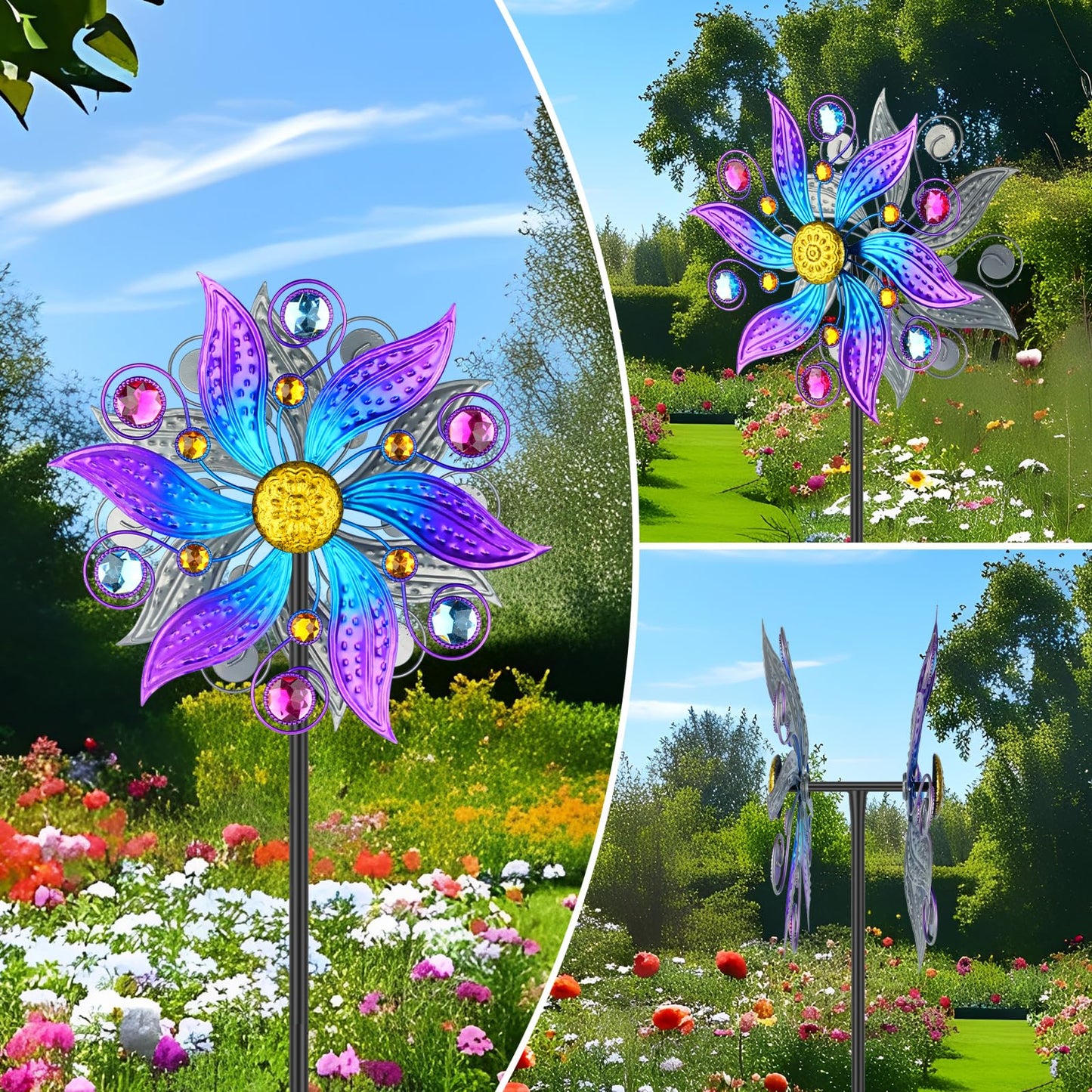 Jusimux Metal Wind Spinner Outdoor, Purple Flowers Wind Sculpture Spinners with Metal Stake, Yard Art Decor for Patio, Lawn & Garden, Creative Gifts 57.5 * 13.3 Inch