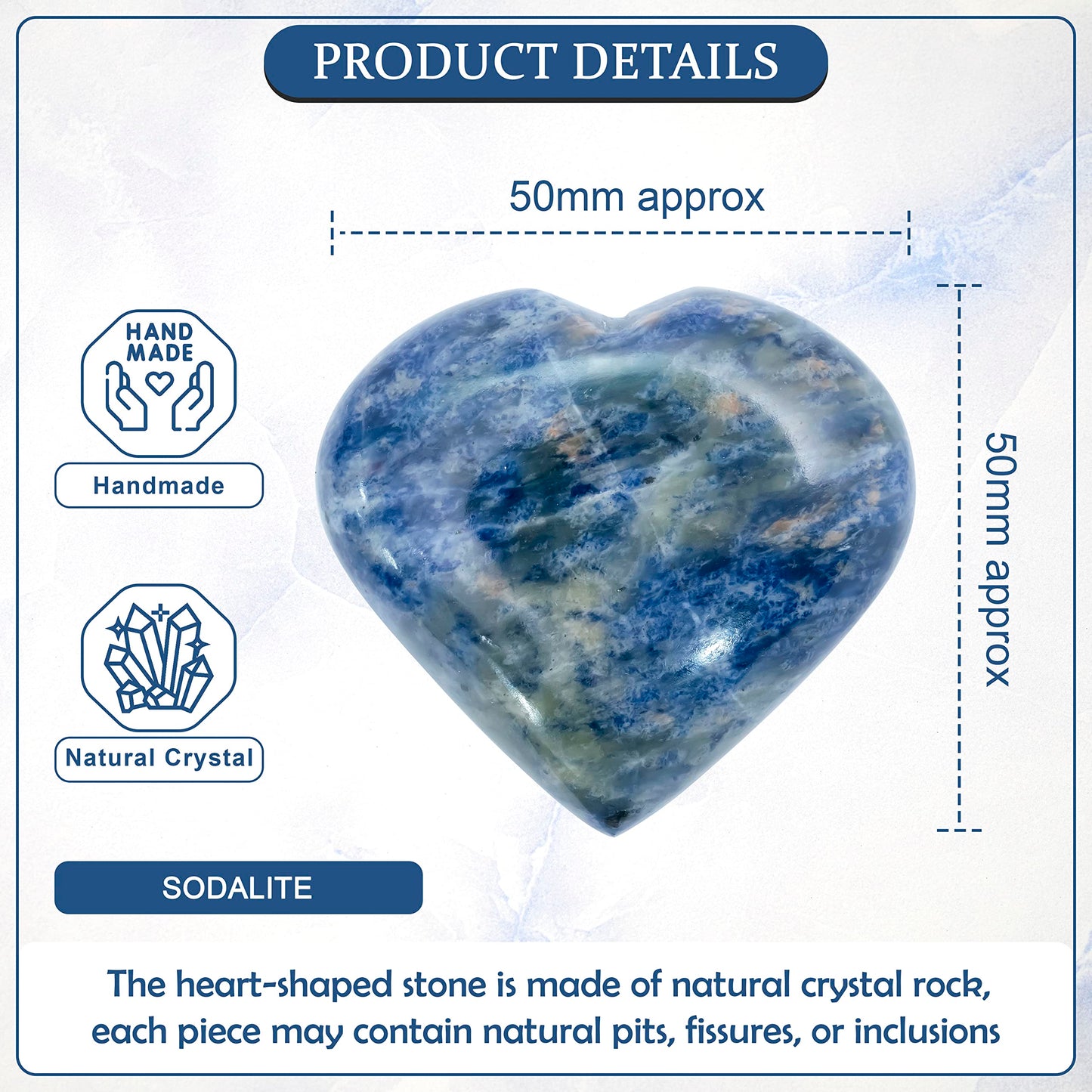 Crocon 50mm Sodalite Heart Stone Big Heart Shape Puff Stones Set 450+ Carats Pocket Crystal Healing Tumble Collection Palm Worry Stone Good Luck Charm Meditation Gift Craft Home Decor