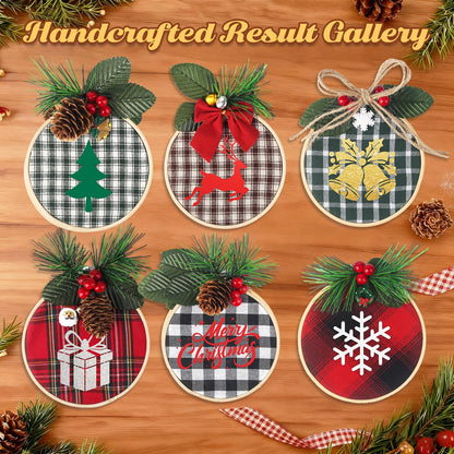 Ecoofor 8 Pack DIY Christmas Ornaments Craft Kit, Christmas Ornaments Kits with Plaid Fabric Bamboo Hoops Pinecones Berries and Other Accessories, Perfect for Christmas Crafts and Holiday Decorations