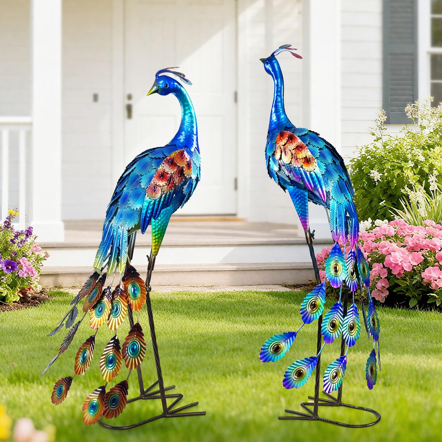 Ruifabo 33.4“ Lifelike Metal Peacock Garden Sculptures Set of 2 - Hand-Painted Garden Peacock Sculpture Art and Durable Yard Art Outdoor - Garden Large Peacock Decorations for Patio Lawn or Backyard