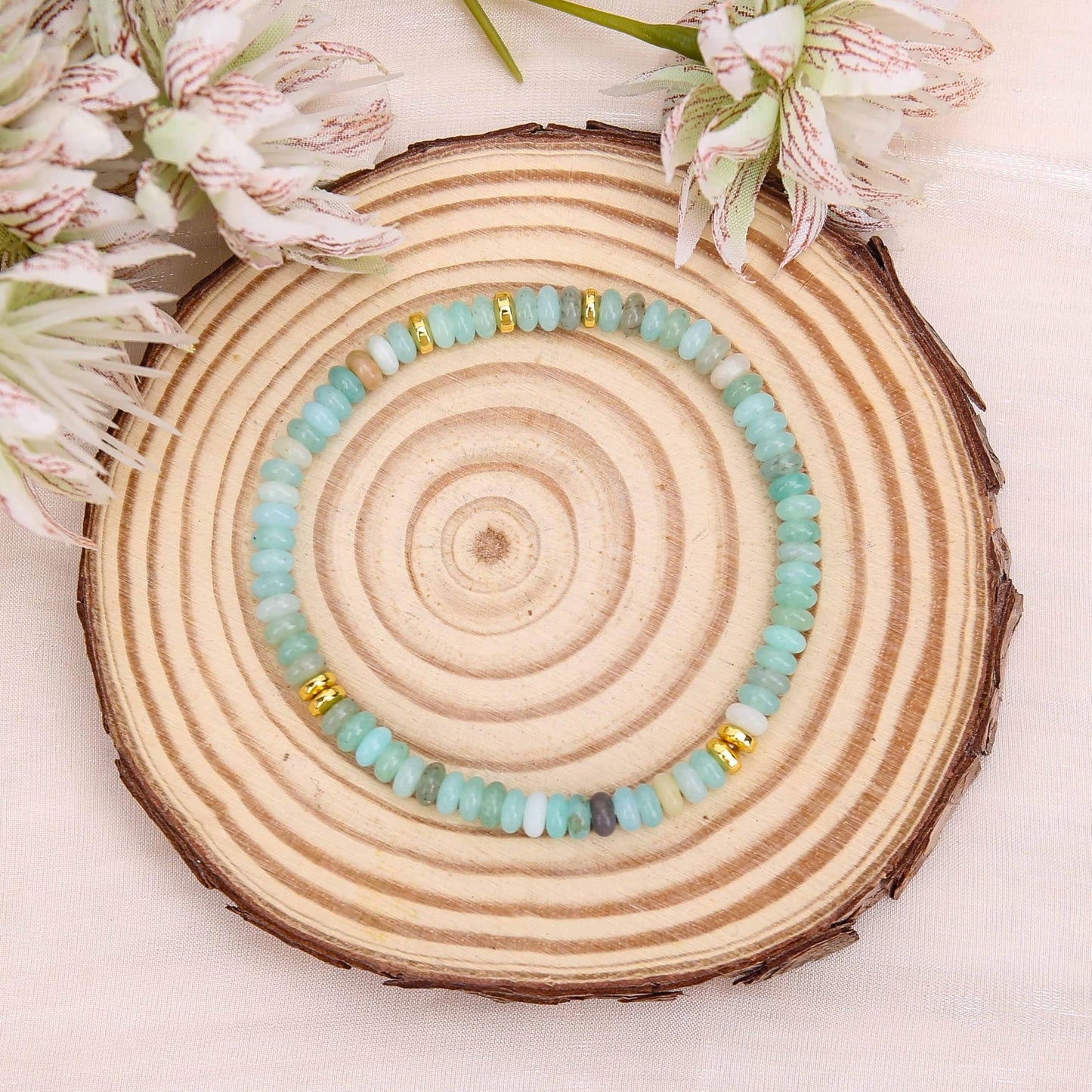 BONNY BOXX Natural 2 * 4mm Amazonite Rondelle Beads Bracelet for Unisex, Handcrafted Genuine Crystal Healing Gemstone Beaded Stretch Bracelet for Simple Jewelry Fashion Gifts