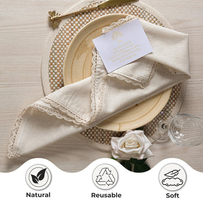 Ramanta Home Decorative Cloth Dinner Napkins Set of 4, 20x20 Inch Natural Lace Flax Cotton Napkins with Mitered Corners, Oversized Use, Parties, Weddings, Spring, Easter Cloth Napkins