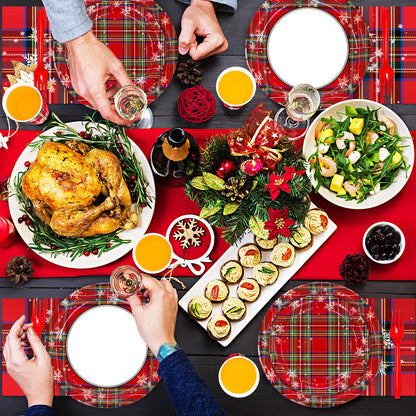DYLIVeS Tartan Plaid with Snowflake Party Supplies, Tartan Plaid Decorations Disposable Dinnerware Set, Red and Green Plaid 9.2" Dinner Plates, 7" Dessert Plates, Napkins Cups Forks, Serves 24