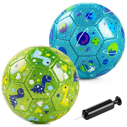 ZOOJOY Size 2 Soccer Ball, 2 Pack Cartoon Balls with Pump Mesh Bag, Planet & Dinosaur Toddler Boys Toys for 1 2 3 4 5 6 Years Old, Trendy Sensory Boys Girls Gifts for Indoor Outdoor Play Balls