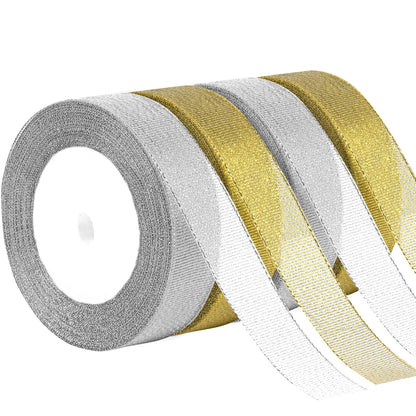 Hoplito 4 Rolls 1Inch Wide Christmas Ribbons Total 100 Yards Holiday Ribbons Metallic Glitter Fabric for DIY Craft Gift Wrapping and Christmas Party Festival Decorations, Gold & Silver