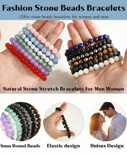 EIELO 12Pcs Crystal Stone Bracelets for Women Men Semi-Precious Gemstone 8MM Beaded Bracelets Natural Crystal Energy Stone Stretch Bracelet Set Jewelry Gift