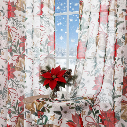 BROSHAN Red and Gold Christmas Sheer Curtains 63 inch Length 2 Panel Set- Xmas Bedroom Window Decoration Curtains in Poinsettias Floral Bells Patterned, Winter Holiday Living Room Curtain Drapes