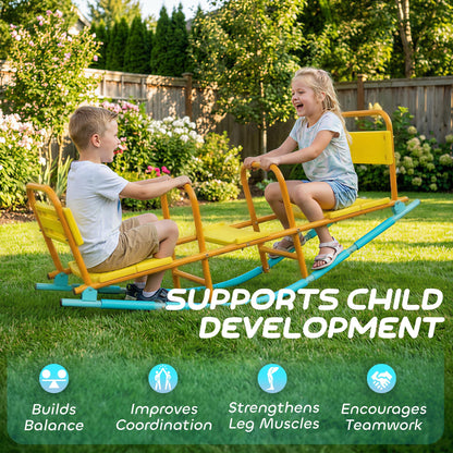 Qaba Teeter Totter Seesaw for Kids, 2 in 1 Metal Rocking Seesaw for Toddlers Age 3-8, 2 Seater Playground Equipment with Easy-Grip Handles for Backyard Indoor Outdoor, Yellow