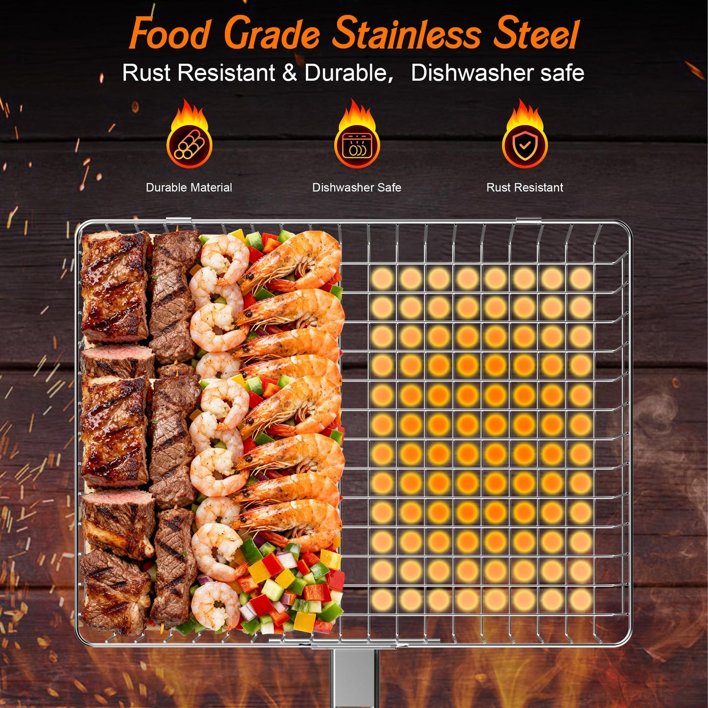 Grill Baskets for Outdoor Grill, 2PCS BBQ Grilling Basket with Removable Wooden Handle, Stainless Steel Camping Cooking Grill Accessories for Meat Fish Vegetable Seafood, Gifts for Men Dad Husband