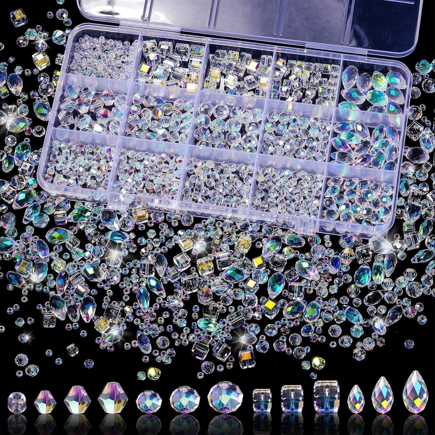 Song Xi 1500PCS Glass Beads for Jewelry Making, Assorted Faceted Crystal Beads Kit for Bracelet Earring Necklace, Horizontal Hole Crystal Teardrop for DIY Clear Christmas Gift (AB White)