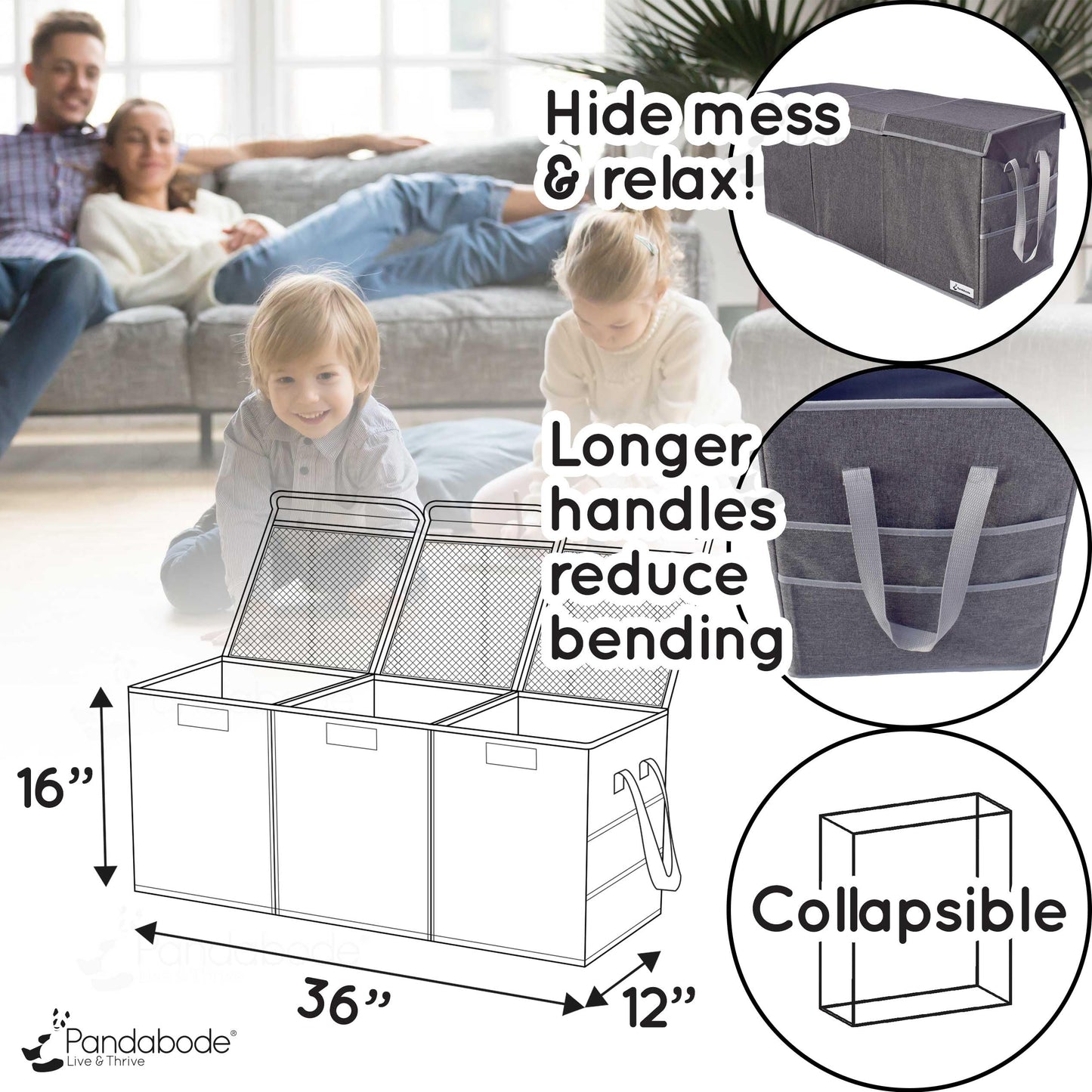 Pandabode Extra Large Toy Box - Big Sturdy Collapsible Chest - Toy Storage Organizer with Pockets - for Living Room or Kids bedroom- 36 x 16 x 12 in - Grey