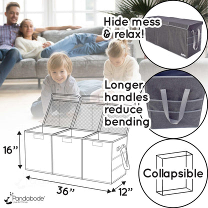 Pandabode Extra Large Toy Box - Big Sturdy Collapsible Chest - Toy Storage Organizer with Pockets - for Living Room or Kids bedroom- 36 x 16 x 12 in - Grey