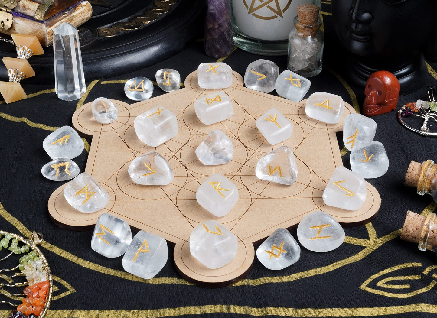 Rune Stones Sets 25 pcs Clear Quartz for Beginners with Elder Futhark Alphabets for Healing Chakra Crystals Reiki feng Shui Gemstone Runes Set Size: 15-20 mm with a Pouch & Rune brochure