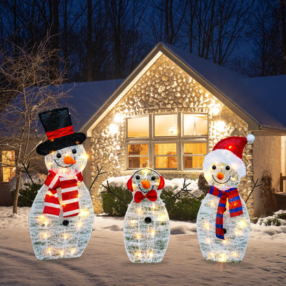TW SHINE Lighted Christmas Snowman Outdoor Decoration, 3-Piece Pre-Lit 2D Snowman Family Set with 55 Warm White Lights, Christmas Yard Decorations for Patio Lawn Garden Decor, 29.9X12.2Inch-Large