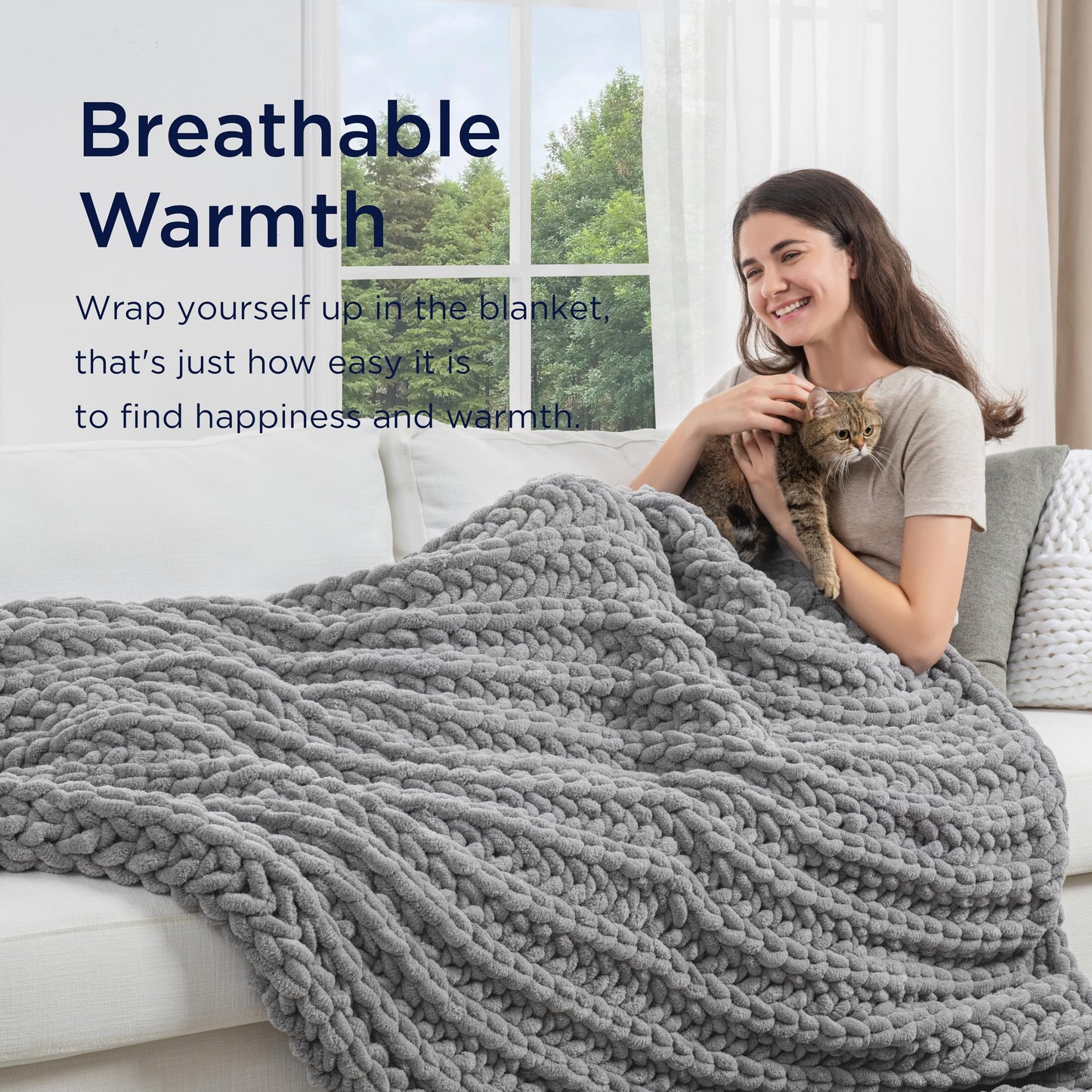 Maetoow Handmade 15 lb Soft Knitted Weighted Blanket, 72 x 48 in Breathable Chunky Knit Gravity Blanket Throw, Home Decor for Sofa Couch Bed, Light Grey
